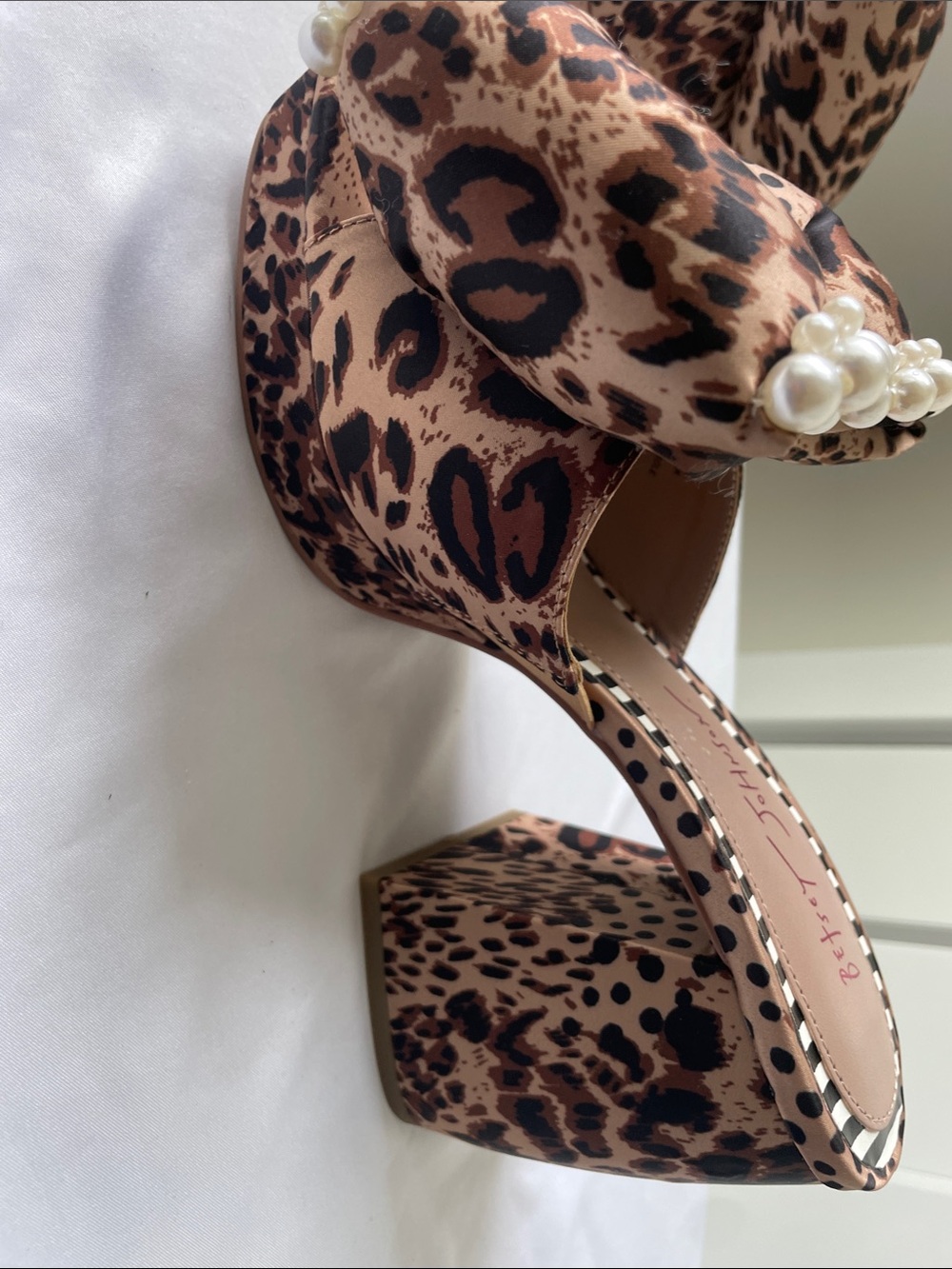 Betsey Johnson Leopard Print Pearl-Trim Mules in Brown and Black - Picture 7 of 10